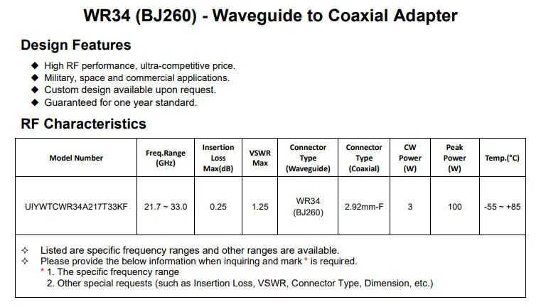 Radar Equipment 21.7 to 33GHz Wr34 Waveguide to Coaxial Adapter with 2.92mm Connector