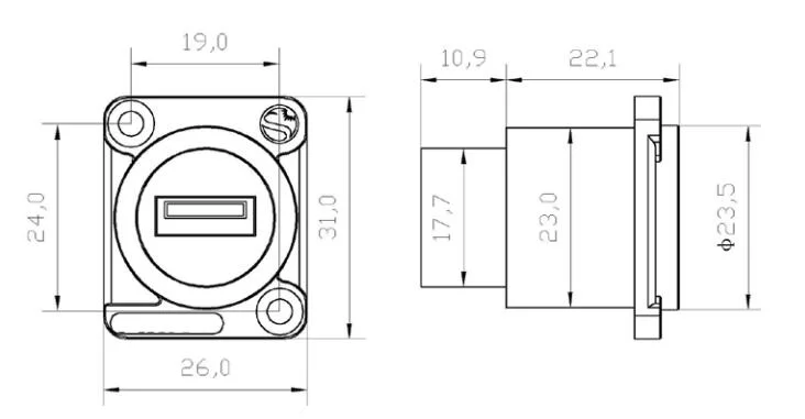 Panel Mount Connector D Type USB 2.0 Female Socket (PUSB2.0)