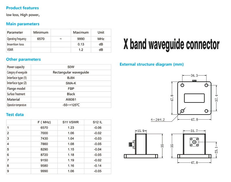 X Band Waveguide Adapter Connector Bj84 Coaxial Adapter