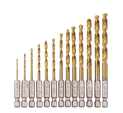 Set di punte per trapano Twist rivestite in titanio (1,5 mm - 6,5 mm) Punte per trapano a cambio rapido con stelo esagonale da 1/4&quot; in acciaio ad alta velocità Per acciaio in plastica per legno