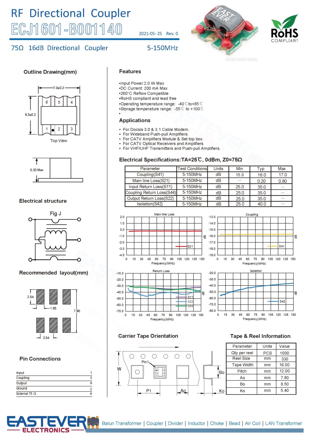 RF Directional Coupler, 75ohm, 12dB, 5-150MHz, Used in 5g Repeater, Communication Equipment, Doscis 3.0/3.1/4.0 Cable Modems, Walkie-Talkies, Amplifiers