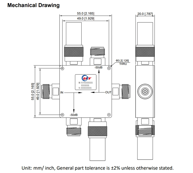 3~4GHz RF Dual Directional Coupler with 50dB nominal coupling