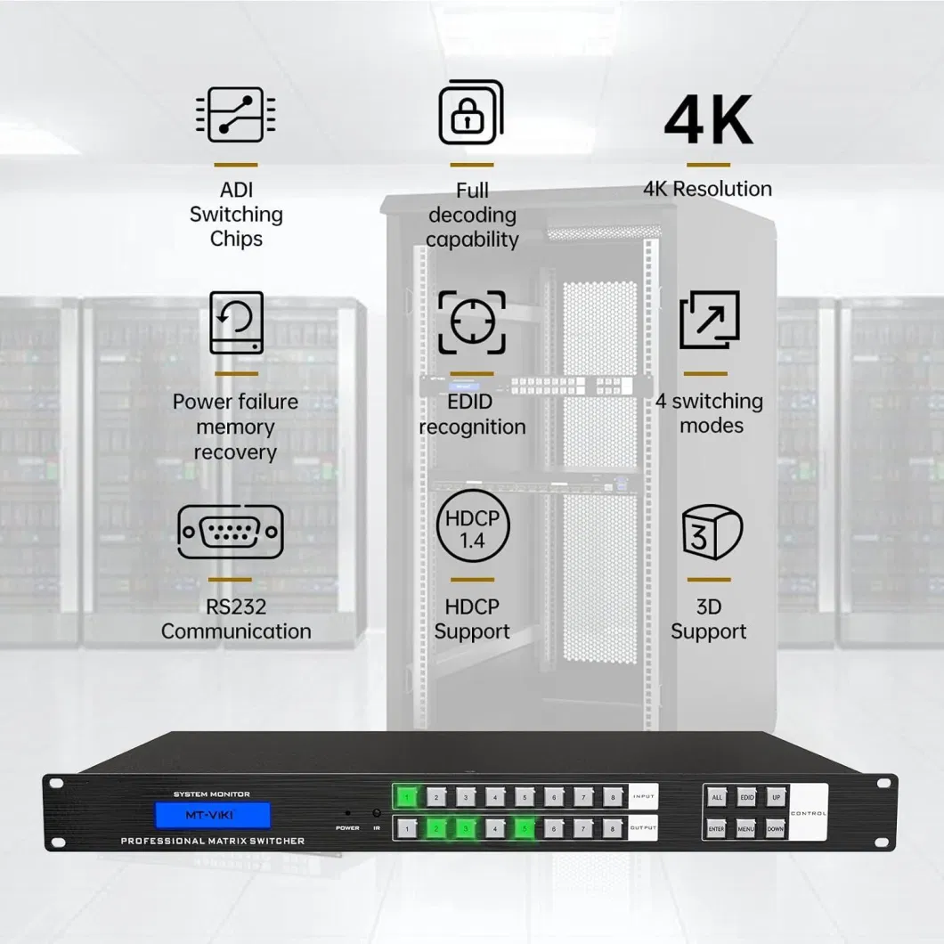 Custom 4K HDMI Matrix Switch 8X8, 4K@30Hz Rack Mount Switcher &amp; Splitter with Backlit RS232 LAN Port and EDID, Built-in Us Adi Chip (8 in 8 Out)