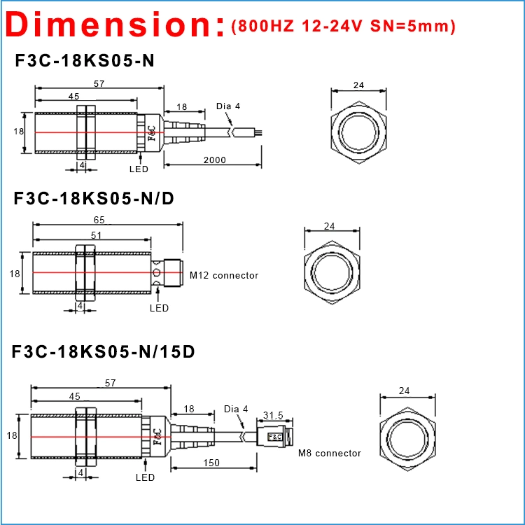 F&C M18 Proximity Switch Inductive Proximity Sensor Detection Switch NPN. No DC 12V-24V 5mm