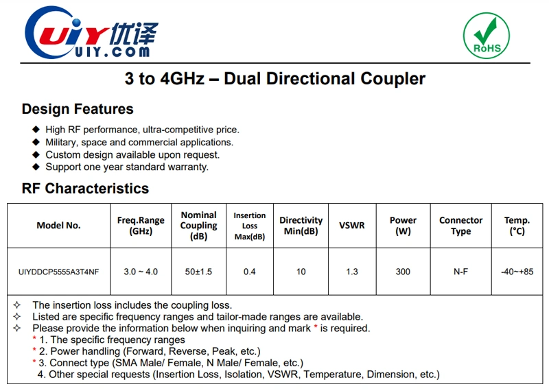 3~4GHz RF Dual Directional Coupler with 50dB nominal coupling