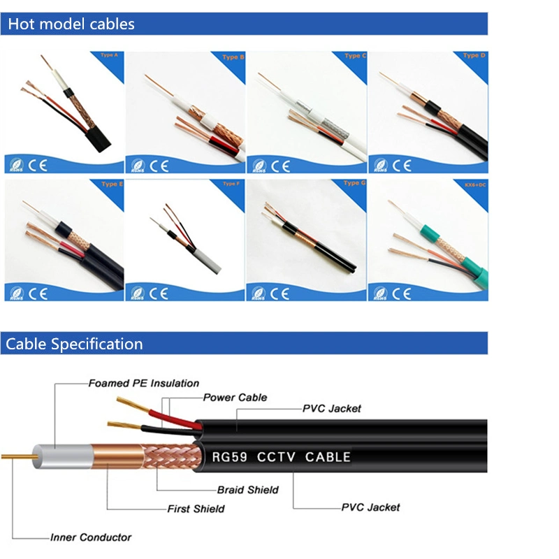Siamese Mix Communication Cable Rg59+2c Coaxial Cable Camera Alarm System Audio Cable Ccctv/CATV Cable Copper Wire Copper Clad Steel /CCA Rg59 Cable