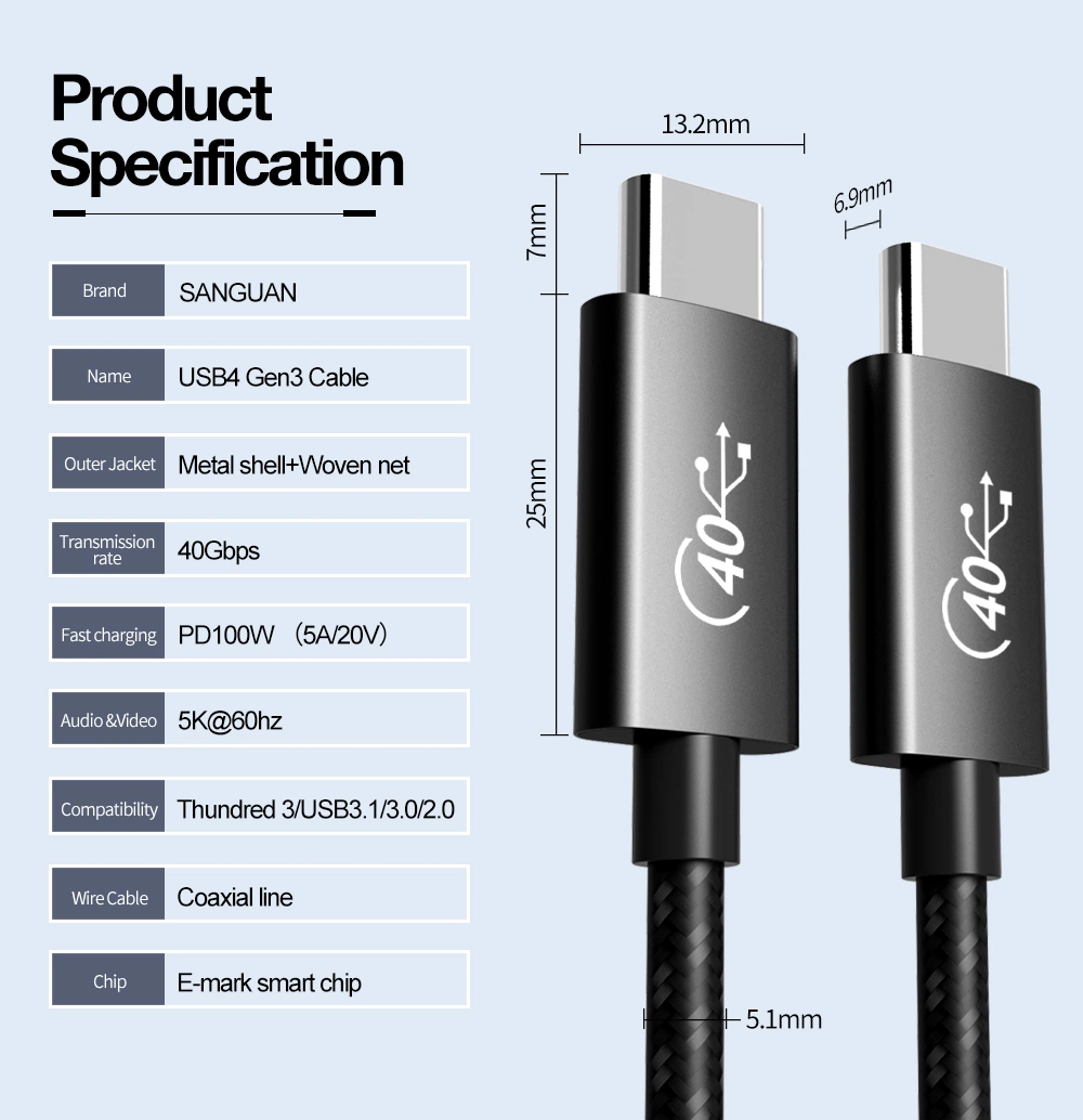 8K Displays Output USB4 Gen3 Dual 4K Type C Cable 100W Fast Charging 40gbps Data with Thunderbolt 4/3.2/2.0