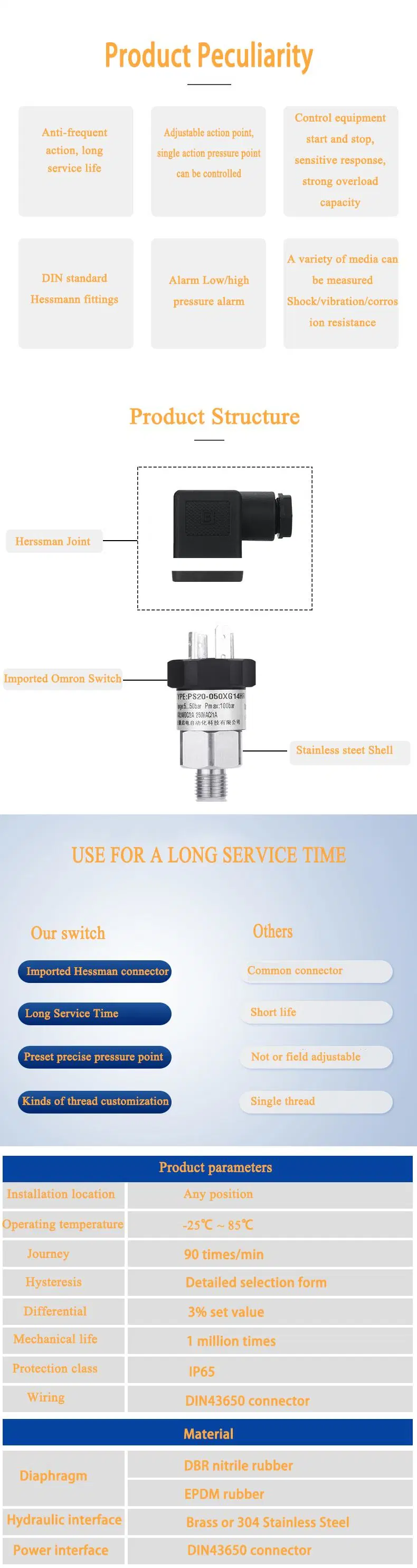 Diapragm Type Mechanical and High Pressure Switch Fire Adjustable Water Pump Air Pressure Hydraulic Oil Stainless Steel Diaphragm Piston Film