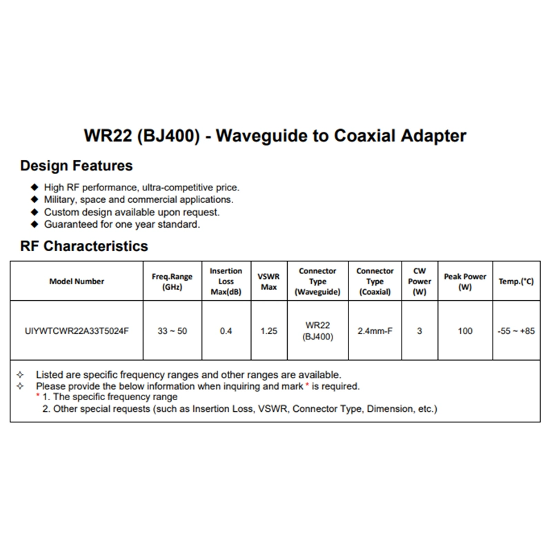 WR22(BJ400) High Frequency 33~50GHz RF Waveguide to Coaxial Adapter IL 0.4dB 2.4mm-F