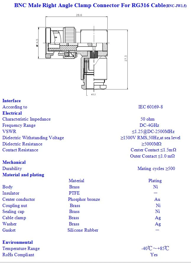 90 Degree Antenna Wire Electrical Waterproof Rg316 Cable RF Coaxial BNC Male Plug Clamp Right Angle Connector