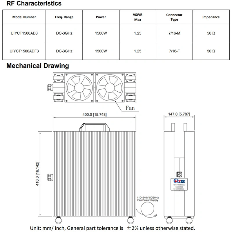 1500W RF Dummy Loads DC-3GHz 50ohm Coaxial Termination