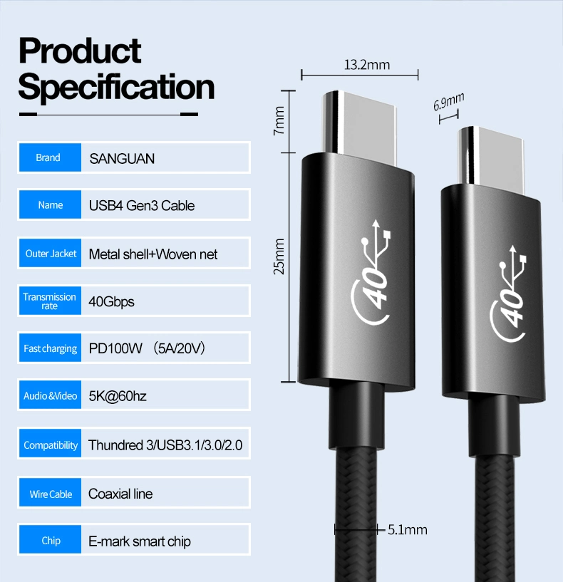 0.5m 20V5a 5K Video Output USB4 Gen3 Type C Cable for Thunderbolt 3 Cable 40gbps 100W for Thunderbolt 4 Cable