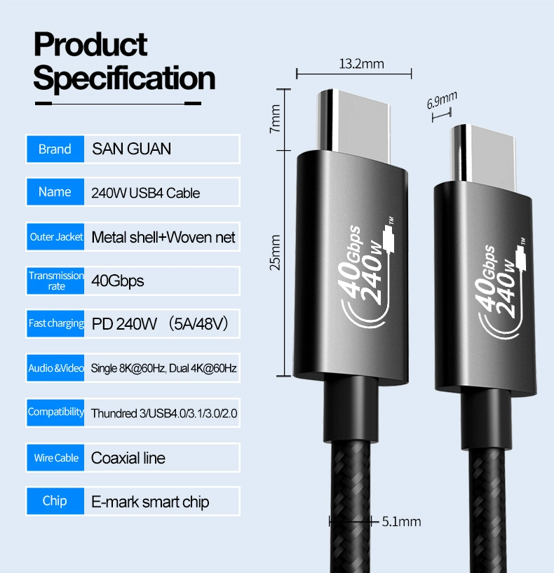 OEM Logo Package Coaxial Cord C Type USB4 40g USB 4.0 Cable Gen 3 Type-C Kabel for Dp Pcle Thunderbolt 3/4 100W 5A Audio Video 8K