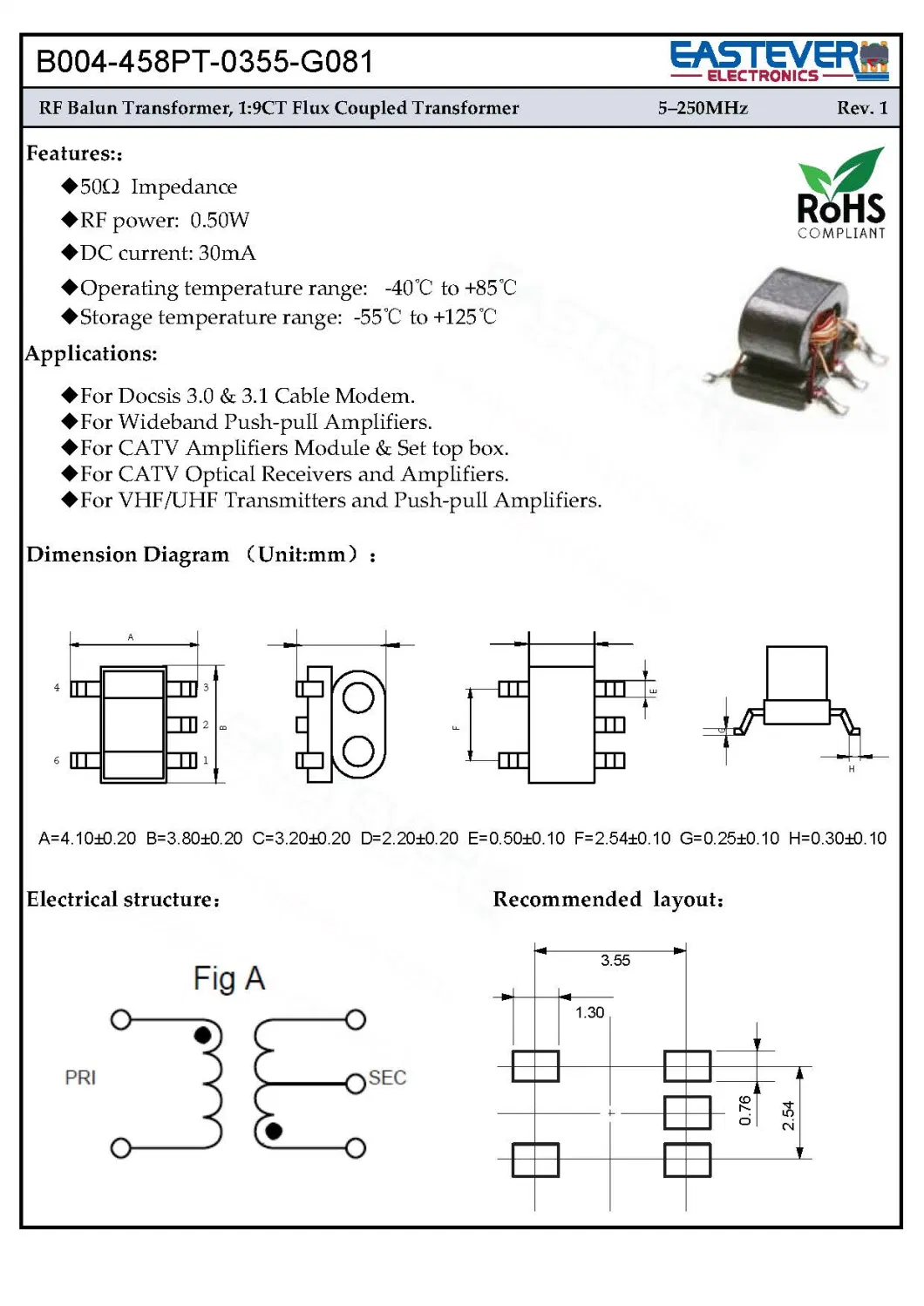 B004-458PT-0355-G081 1: 9CT Flux Coupled Transformer CATV Broad Band Audio Radio Speaker Amplifier Use Passive Components,Inductor,Splitter,Power Divider Supply