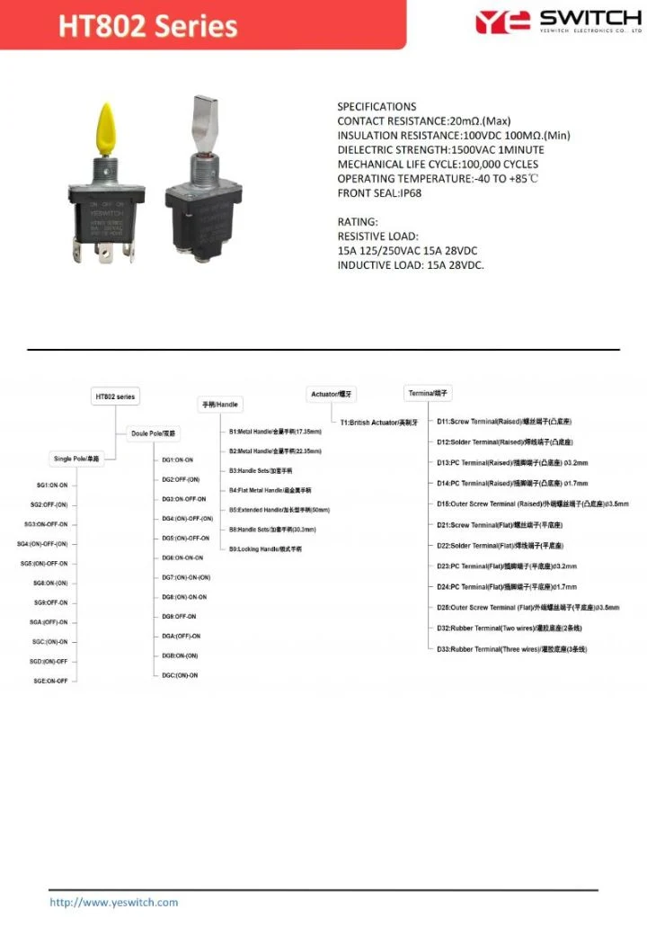 Ht802 Series IP68 Waterproof 15A 28VDC Single/Double Pole Spdt Dpdt Toggle Switch on-on/on-off-on Lock Momentary for Automotive and Aerospace Toggle Switch