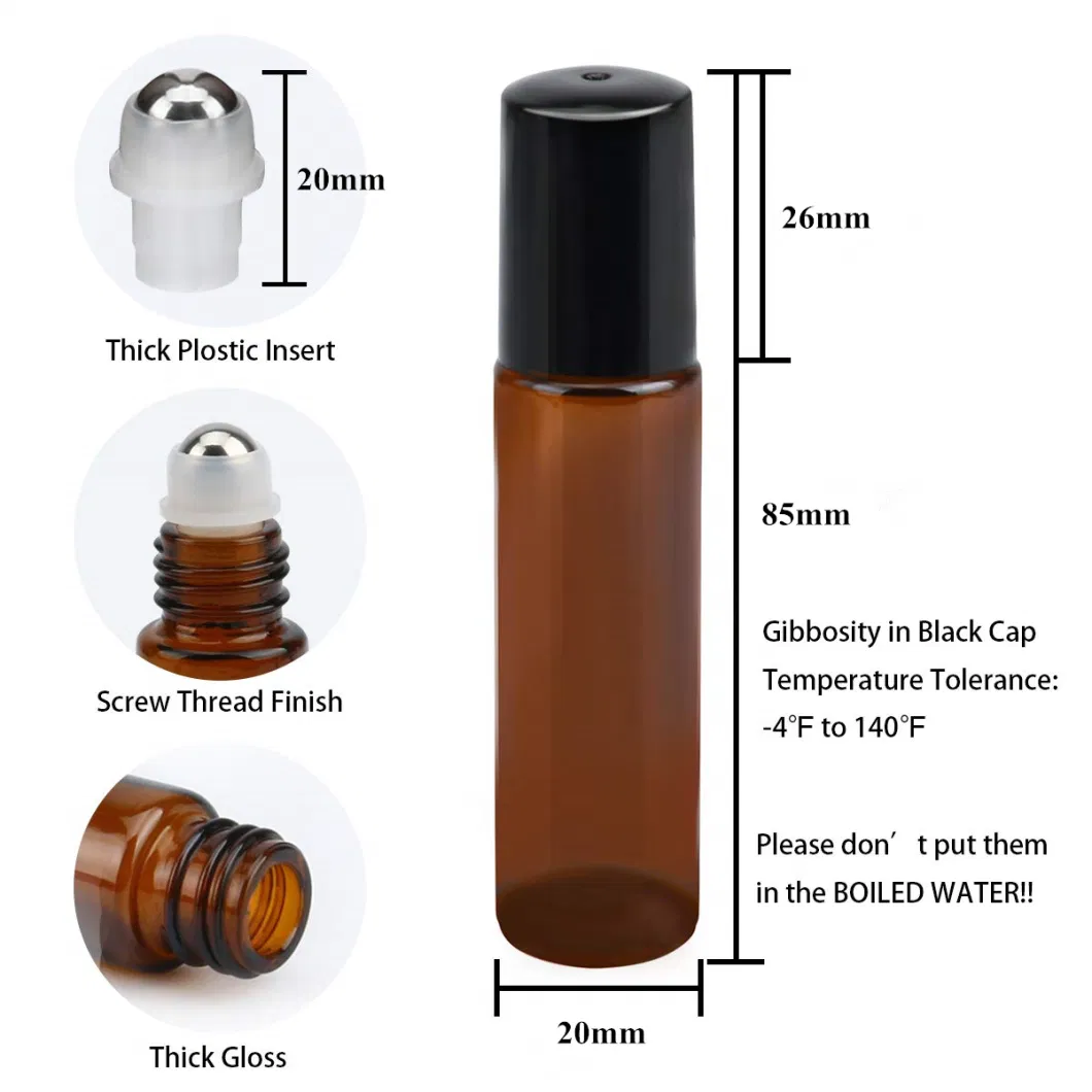 10ml Thick Glass Amber Roll on Bottles Empty Essential Oil Perfume Bottles with Metal Roller Ball