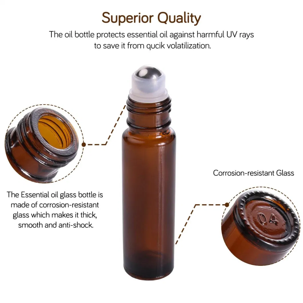 Wholesale Empty Essential Oil Perfume 1ml 3ml 5ml 10ml Amber Glass Roll on Bottle with Metal Roller Ball