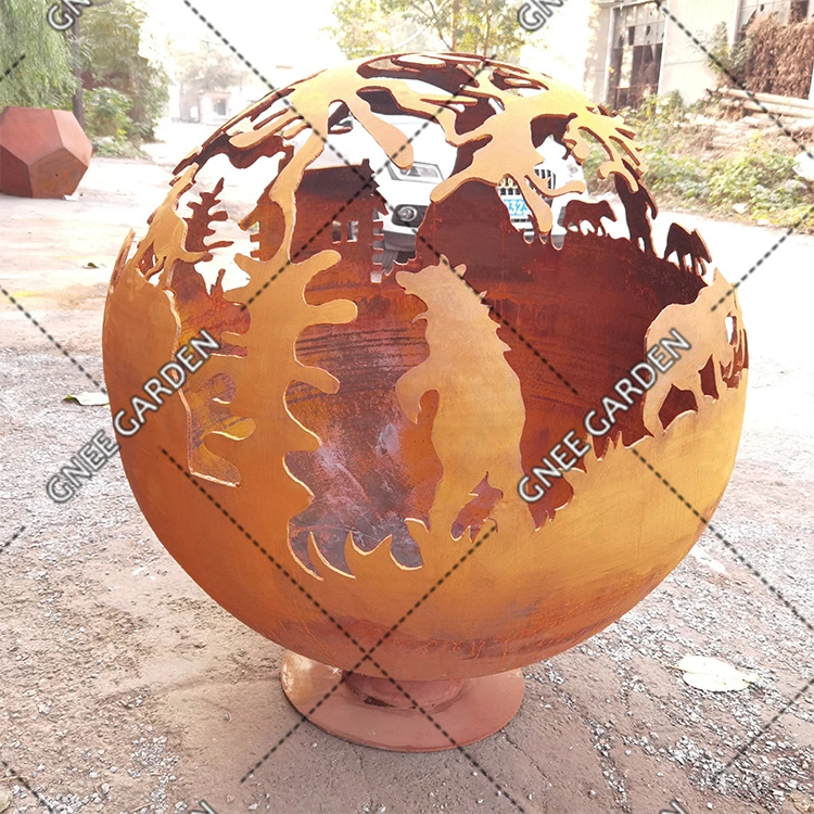 Corten Steel Outdoor Round Fireball Fire Sphere with Art Design