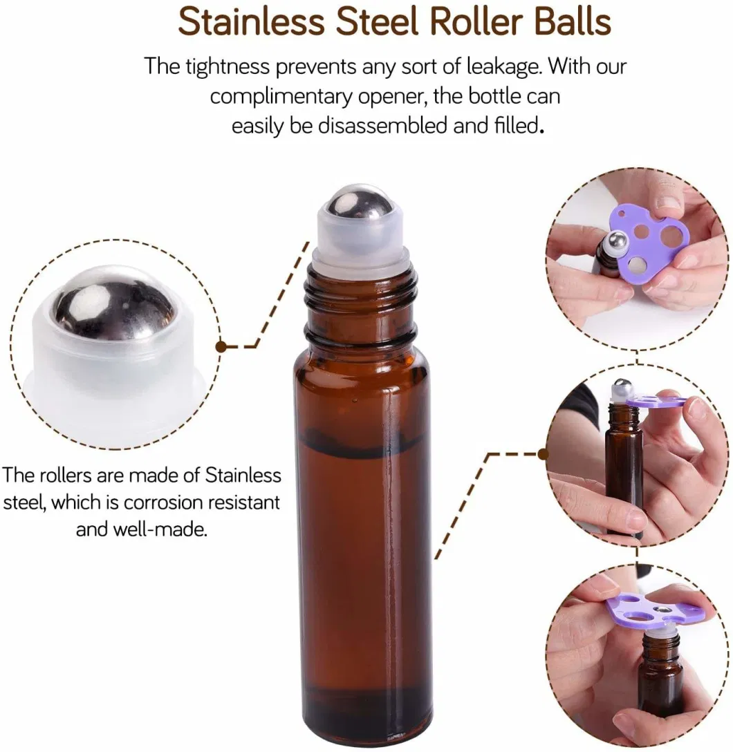 Wholesale Empty Essential Oil Perfume 1ml 3ml 5ml 10ml Amber Glass Roll on Bottle with Metal Roller Ball