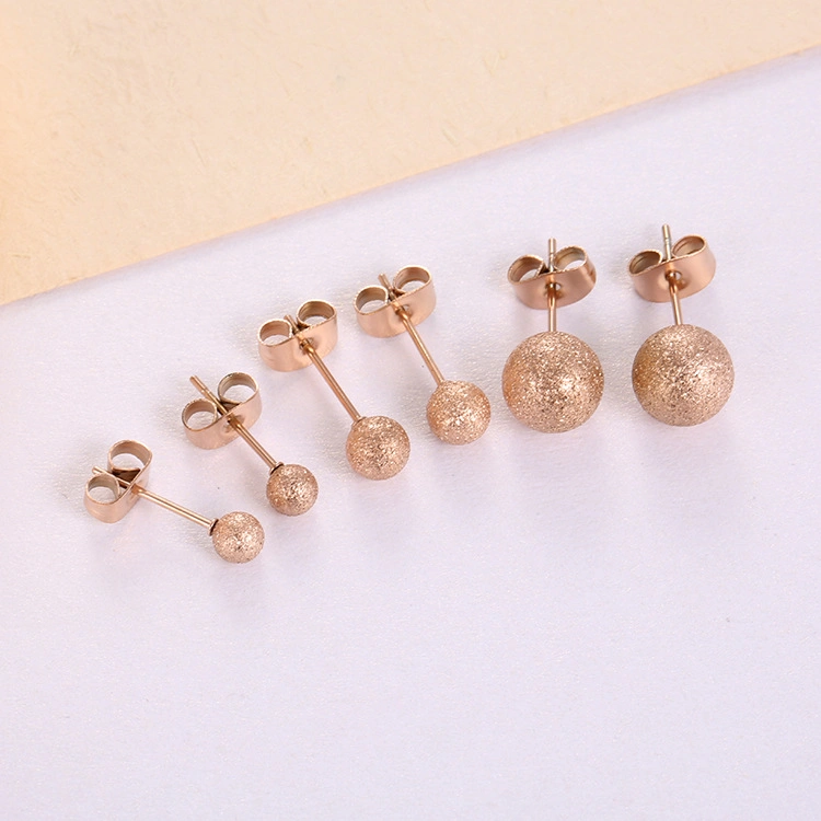 Korean Minimalism Rose Gold Plated Geometric Ball Earring Stainless Steel Frosted Round Bead Stud Earrings Jewelry for Women