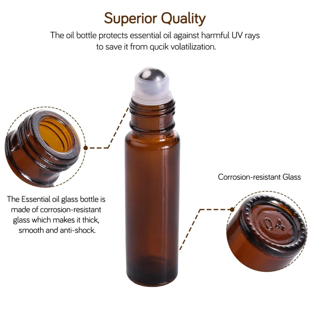 10ml Amber Clear Roll on Essential Oil Bottle with Metal Steel Roller Aluminum Wrapped and Metal Cap