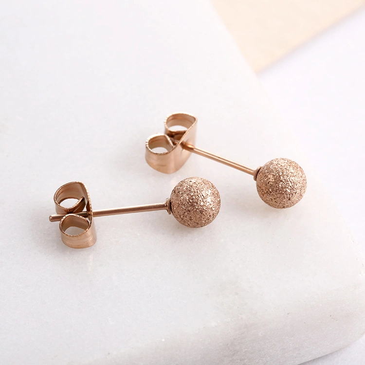 Korean Minimalism Rose Gold Plated Geometric Ball Earring Stainless Steel Frosted Round Bead Stud Earrings Jewelry for Women