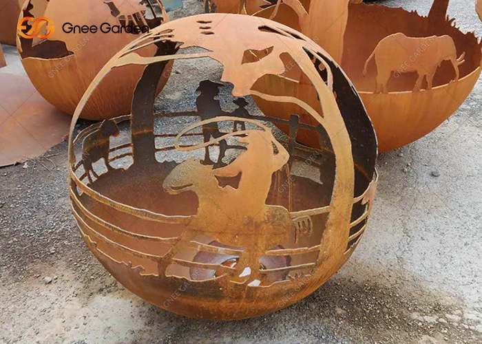 Elegant Design Rusty Outdoor Large Metal Fire Ball in Corten Steel