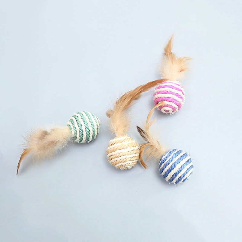 Feather Sisal Ball Cat Toys Wholesale Scratch-Resistant Colorful Braided Cat Balls