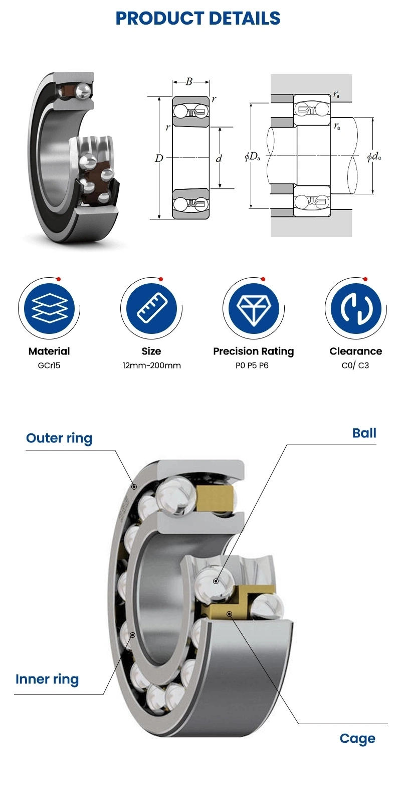 High Precision High Speed Self Aligning Ball Bearing 1200 1212 2105 Chrome Steel High Speed Low Noise Auto Parts Wheel Hubs Bearings China Manufacturer