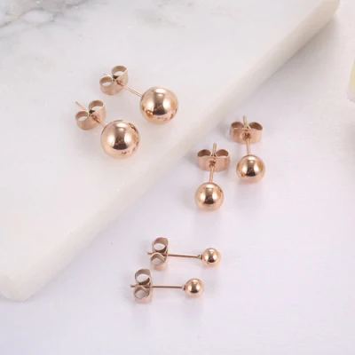 Auricolare con bottone a sfere rotondo lucido in acciaio inox semplice e versatile Orecchini a sfera geometrici placcati oro rosa Gioielli per donne