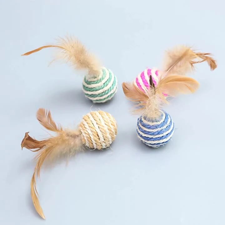 Feather Sisal Ball Cat Toys Wholesale Scratch-Resistant Colorful Braided Cat Balls