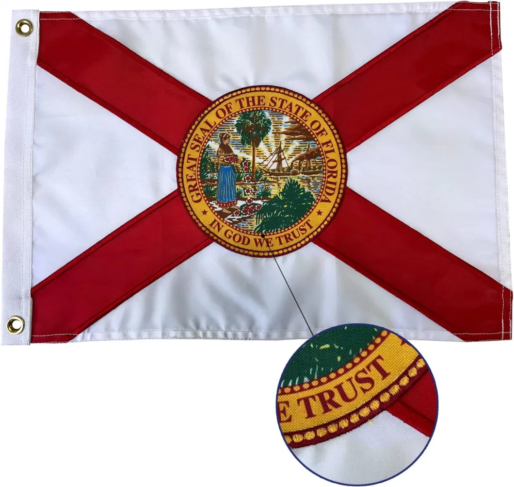 Custom 12X18inch Florida State Embroidery Stitching Heavy Duty Nylon Boat/Ship/Yacht/Jeep/Golf Cart Flag with 4 Stitching Rows Vivid Color Fade-Resistant Sewn