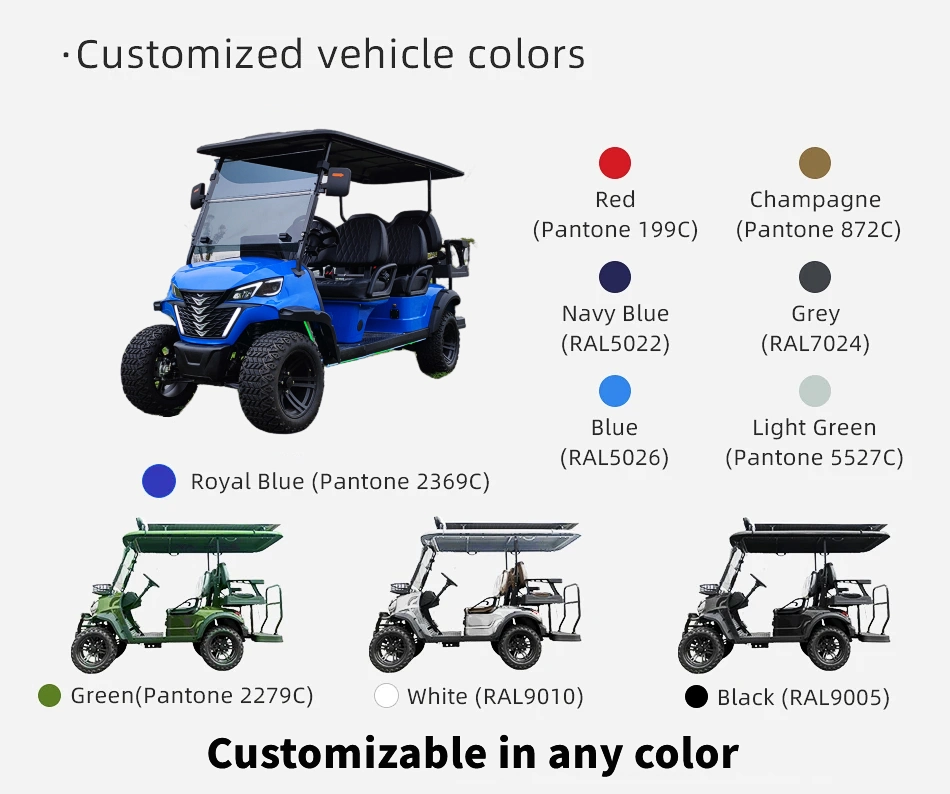 New Lifted 5, 6, 7kw Motor 100/120km Mileage Lead Acid/Lithium Battery 48V/60V/72V 2, 4, 6, 8, 10 Seats/12/14inches Tyre Hunting Golf Cart