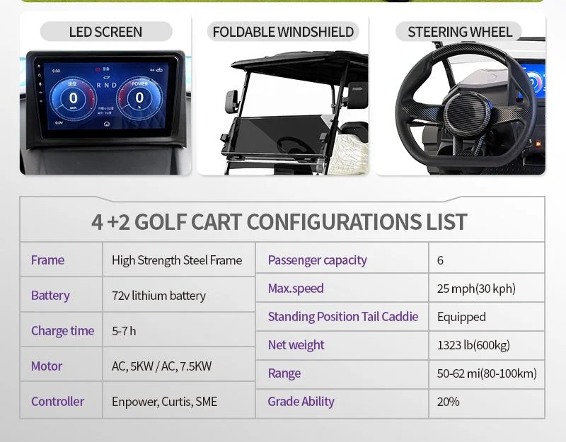 High Quality 6 Passenger 4+2 Seater 72V 5kw Tourist Car Electric Golf Cart