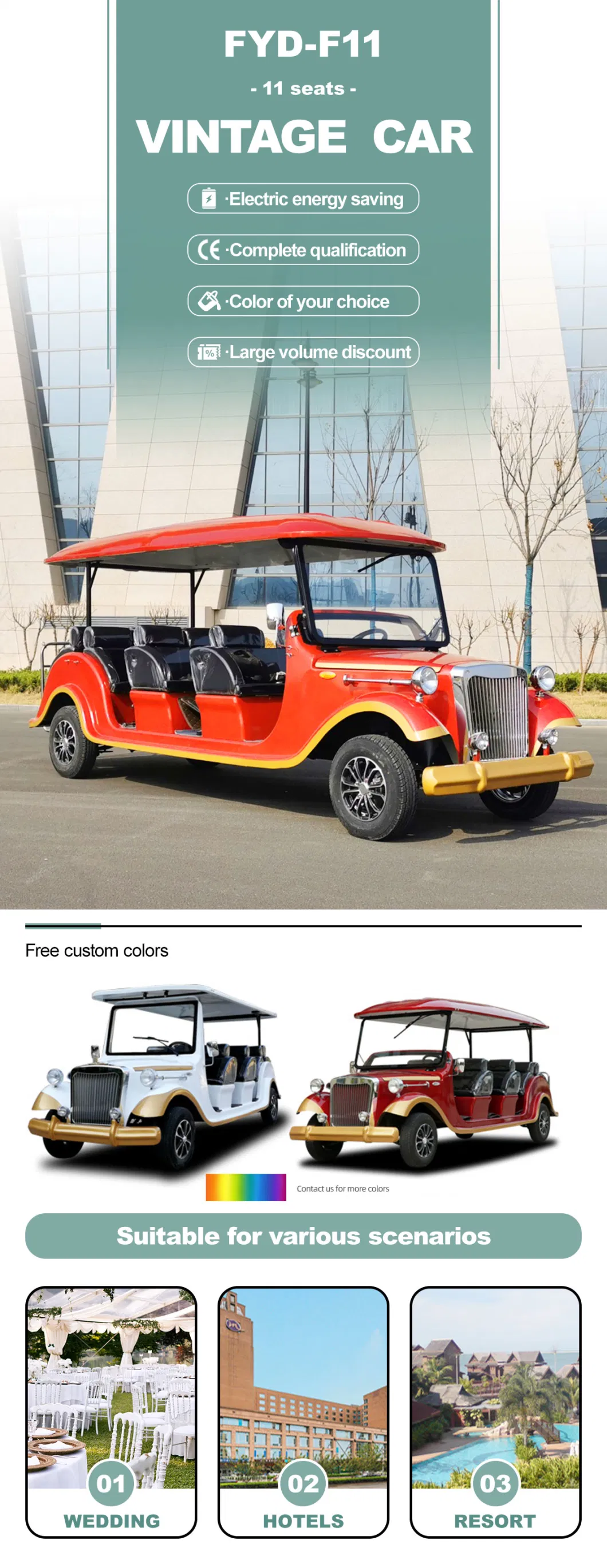 Best Free Custom Color 11 Passengers Sightseeing Cart Electrical Antique Tour Mini Bus 4 Row Electric Vintage Classic Car Price for Sale