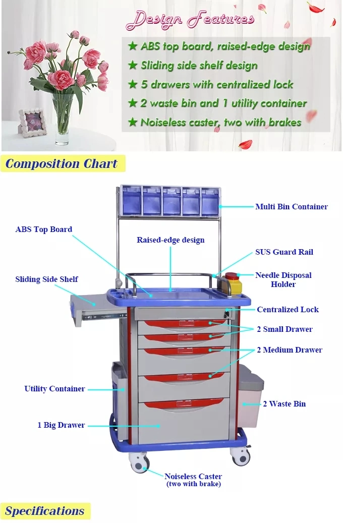 Hospital Multifunctional ABS Nurse Anesthesia Trolley Cart