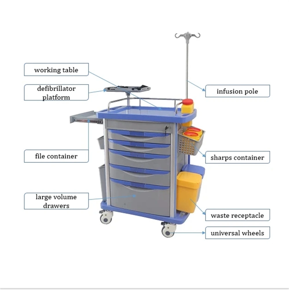 Top Sale ABS Medical Emergency Trolley Cart for Hospital Clinic