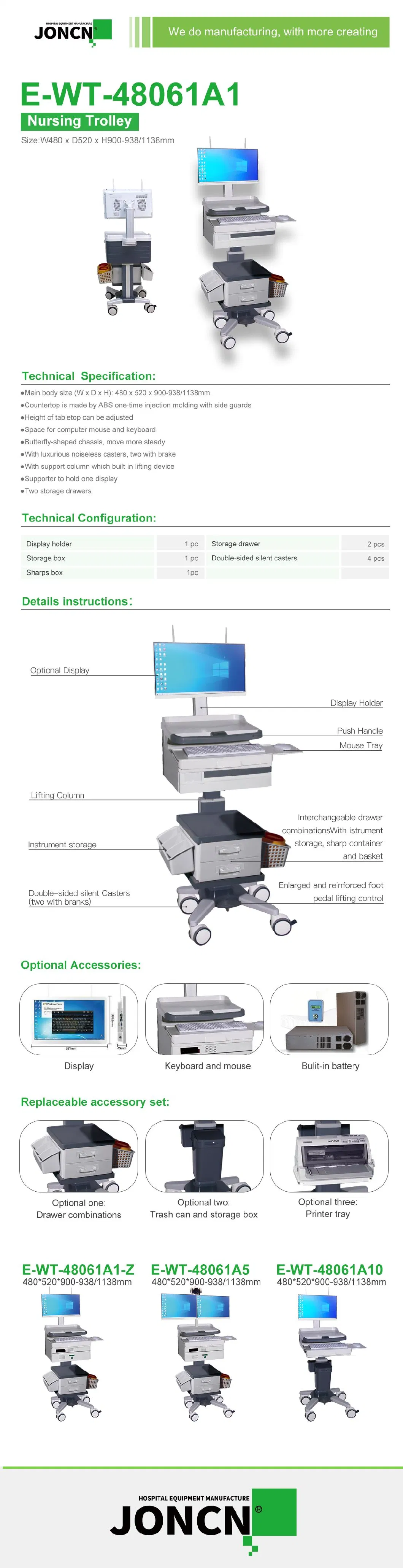 Hospital Wholesale Touchscreen Computer Cart Medical Cart Medical Trolley for Dental Clinic
