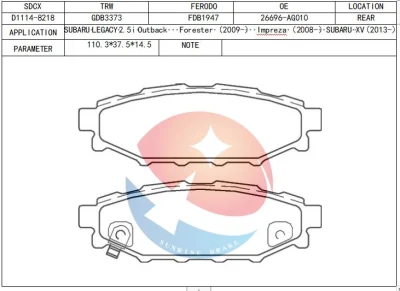 Sdcx 26696-AG000 D1114 Brake Systems Manufacturer Auto Car Parts Ceramic Disc Rear Brake Pads for Subaru