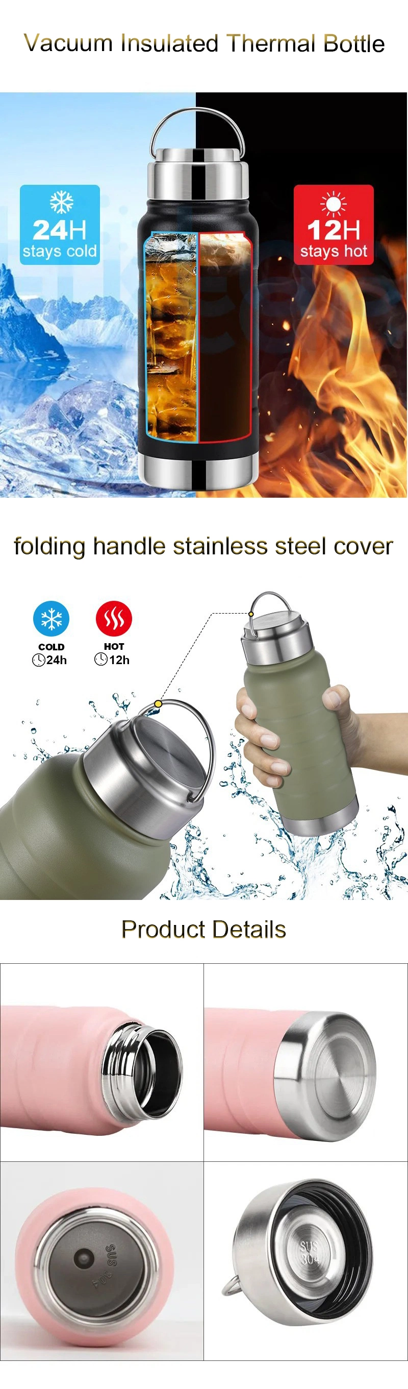 Outdoor Sports Gym Camping Hiking Cycling Perfect Metal Flask Stainless Steel Double Wall Vacuum Insulated Water Bottle