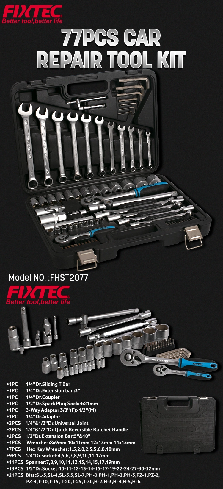 Fixtec Professional Level Folded Socket Set Wrench Car Repair Hand Tool Kit with Factory Price
