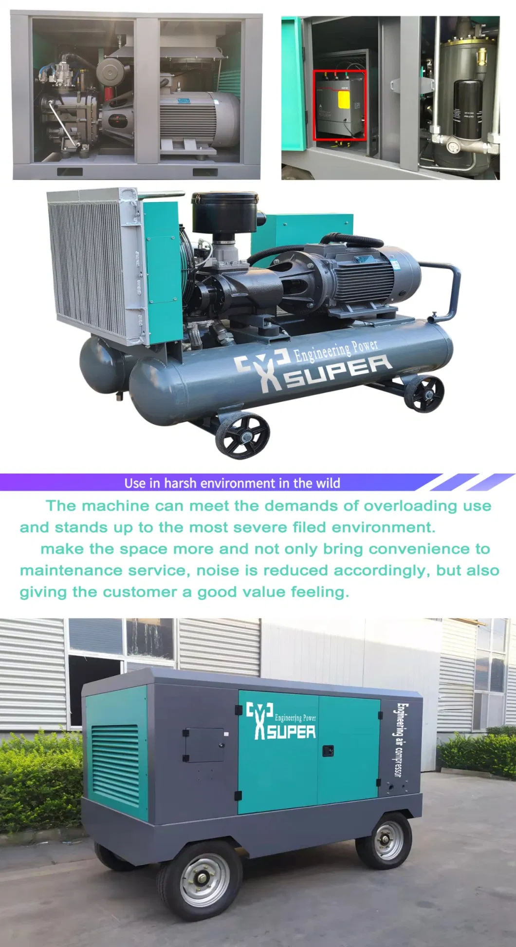 Supd30-5 22kw 3.6m3/Min Portable Electric Screw Air Compressor with 2 Wheels