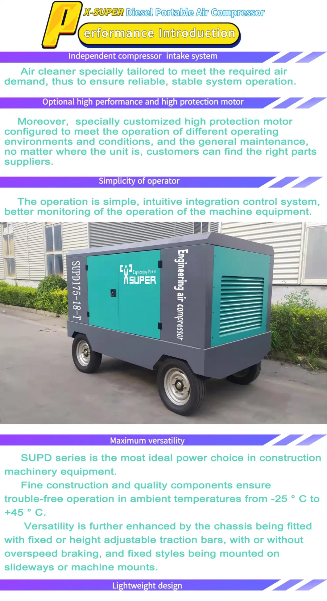 Supd30-5 22kw 3.6m3/Min Portable Electric Screw Air Compressor with 2 Wheels