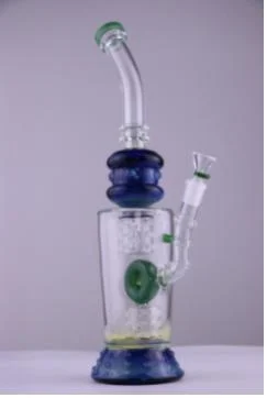 Big Green Ring Double Matrix Perc Blue Base and Neck Glass Water Pipe