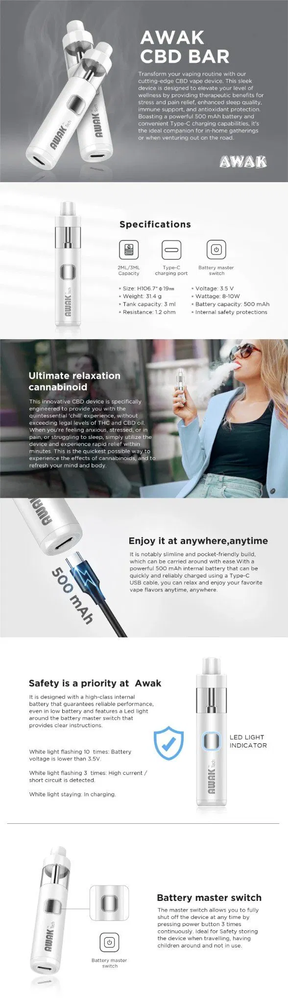 Komodo Awak Bar 3ml Disposable Vape Pod Pen Rechargeable Thick Oil Vaporizer Pen 500mAh Battery 3ml Pod Cartridge