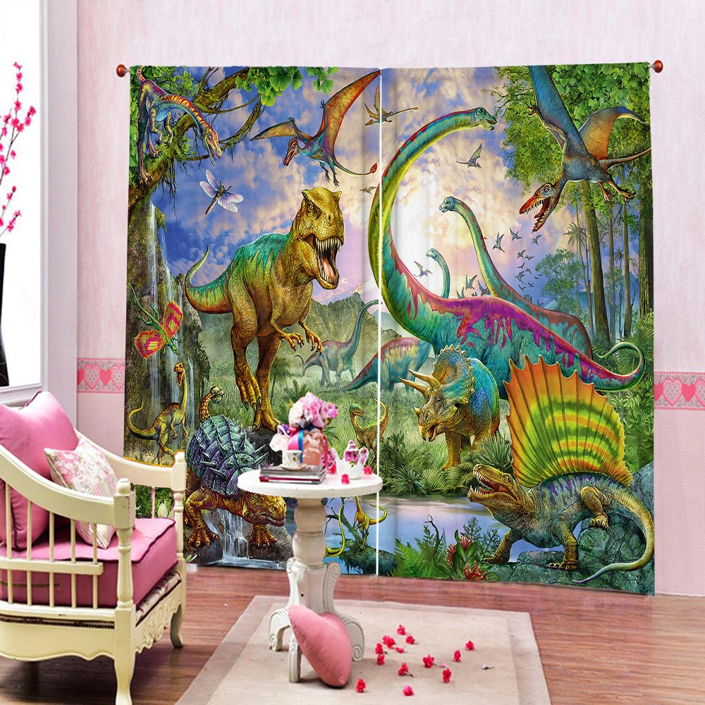 Curtains for Kids Bedroom - Dinosaur Window Drapes for Boys and Girls Living Room, 3D Jurassic Nature Cute Room Decor 2 Panel