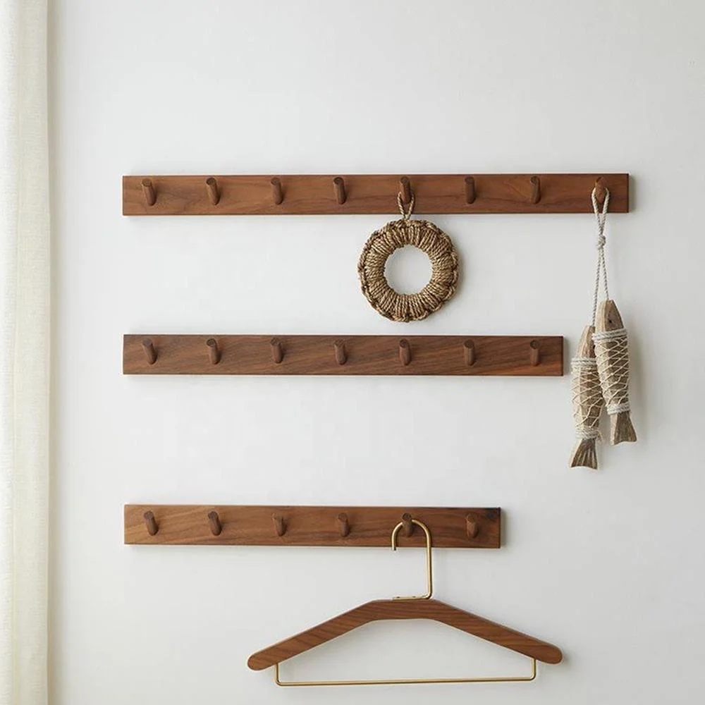 Bedroom Wooden Rack Wall Mounted Space-Saving Hook Rack with 4 Retractable Hook