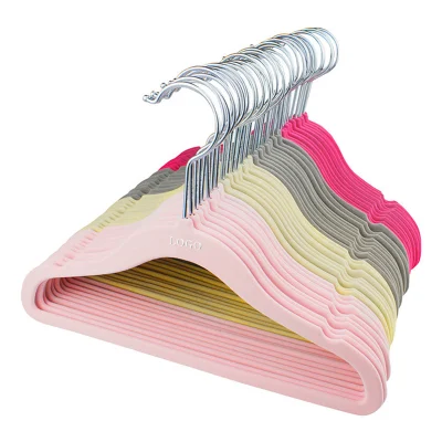  Factory Bulk Custom Flocking Plastic Space Saving Pink Velvet hangers Gancio girevole a 360 gradi ganci in velluto per abiti