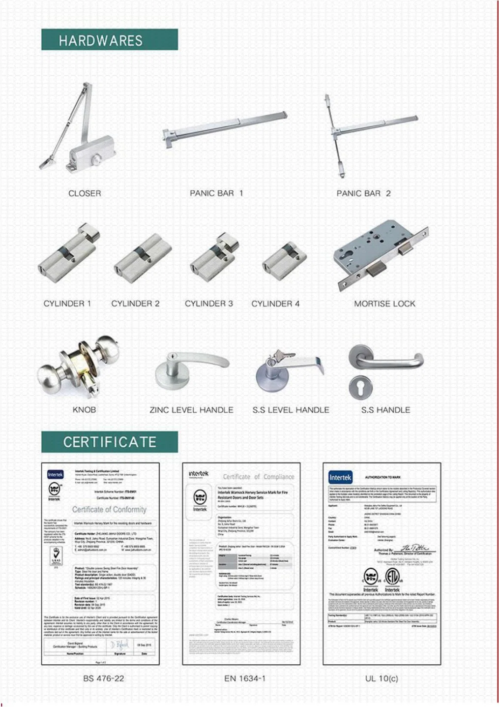 Factory Direct Supplier Security Emergency Exit Fire Resistant Fireproof Steel Door with Push Bar