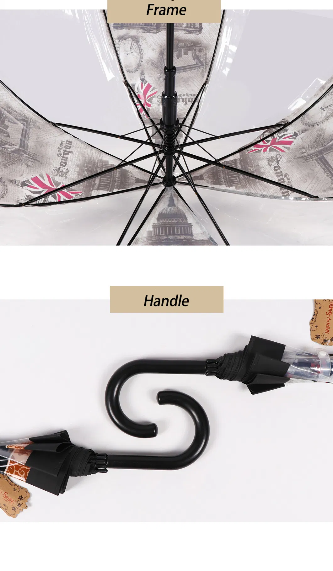 BSCI Factory OEM Promotion Advertising New Invention Wholesale Custom Designed Windproof Dome Shaped Clear Transparent Paraguas Rain Lady Umbrella for Outdoor